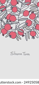 Rosh Hashana greeting vector background. Wishing Happy New Year in Hebrew. Hand-lettered text decorated with hand drawn pomegranate branch. Isolated on the white