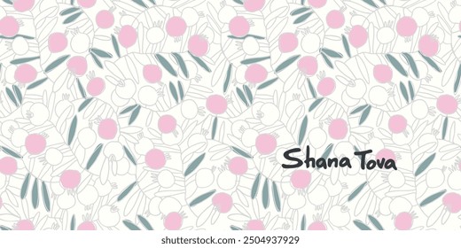 Rosh Hashana greeting vector background. Wishing Happy New Year in Hebrew. Hand-lettered text decorated with hand drawn pomegranate branch. Isolated on the white