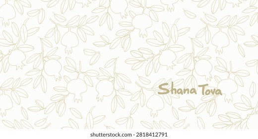 Rosh Hashana greeting vector background. Wishing Happy New Year in Hebrew. Hand-lettered text decorated with hand drawn pomegranate branch. Isolated on the white