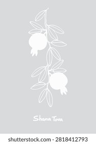 Rosh Hashana greeting vector background. Wishing Happy New Year in Hebrew. Hand-lettered text decorated with hand drawn pomegranate branch. Isolated on the white