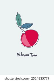 Rosh Hashana greeting vector ca. Wishing Shana Tova. Hand-lettered text decorated with hand drawn apples branch. Isolated on the white