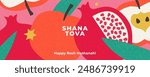 Rosh Hashana, Rosh Hashanah, Jewish New Year greeting card, cover, holiday web banner, poster. Hand drawn illustration design template with apple and pomegranate pattern in trendy modern art style