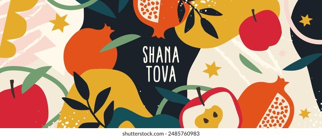 Rosh Hashana, Rosh Hashanah, Jewish New Year greeting card, cover, holiday web banner or poster. Hand drawn illustration, vector design with apple and pomegranate pattern in trendy modern art style