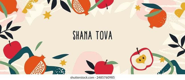 Rosh Hashana, Rosh Hashanah, Jewish New Year greeting card, cover, holiday web banner or poster. Hand drawn illustration, vector design with apple and pomegranate pattern in trendy modern art style