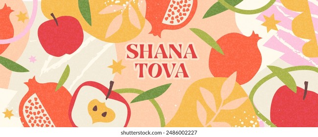 Rosh Hashana, Rosh Hashanah, Jewish New Year greeting card, cover, holiday web banner, poster. Hand drawn illustration design template with apple and pomegranate pattern in trendy modern art style