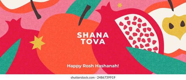 Rosh Hashana, Rosh Hashanah, Jewish New Year greeting card, cover, holiday web banner, poster. Hand drawn illustration design template with apple and pomegranate pattern in trendy modern art style