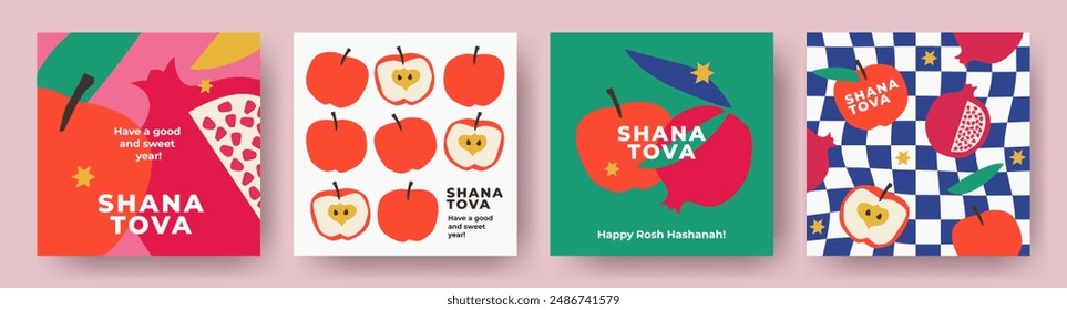 Rosh Hashana, Rosh Hashanah, Jewish New Year greeting card, cover, web or social media banner set. Hand drawn illustration, vector design with apple and pomegranate pattern in trendy modern art style