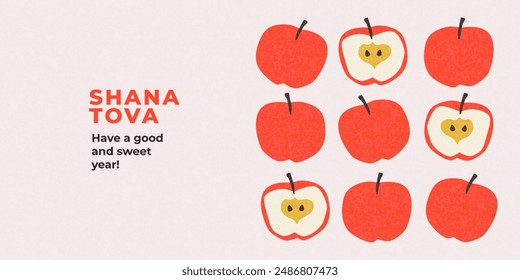 Rosh Hashana, Rosh Hashanah, Jewish New Year greeting card, cover, holiday web banner, poster. Hand drawn illustration design template with apple and pomegranate pattern in trendy modern art style