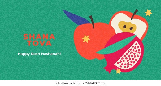 Rosh Hashana, Rosh Hashanah, Jewish New Year greeting card, cover, holiday web banner, poster. Hand drawn illustration design template with apple and pomegranate pattern in trendy modern art style