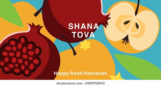 Rosh Hashana, Rosh Hashanah, Jewish New Year greeting card, cover, holiday web banner, poster. Hand drawn illustration design template with apple and pomegranate pattern. 