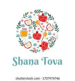 Rosh Hashana or Hebrew New Year Symbols Arranged in Circular Wreath Vector Illustration. Traditional Rosh Hashana Attributes Like Apple and Pomegranate