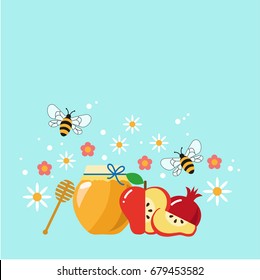 Rosh Hashana Hebrew New Year Celebration Greeting Card. Honey, Apple, Pomegranate, Flowers, Bees. Vector Illustration.