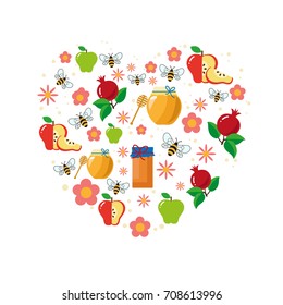 Rosh Hashana. Hebrew New Year. Traditional Rosh Hashana items. Apples, pomegranate, bees, flowers, honey. Vector illustration.