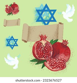 Rosh Hashana icons set for Shana Tova with texture