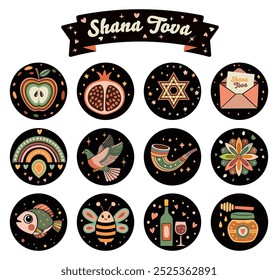 Rosh Hashana icons set for Shana Tova in the style of freehand flat design. Black vector labels with muted colors