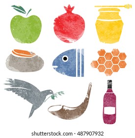 Rosh Hashana icons set for Shana Tova with texture in vector format