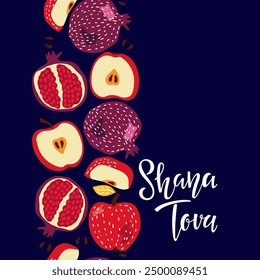 Rosh Hashana (Jewish holiday) card. Seamless fruits pattern with Handwritten calligraphy lettering. Apple and pomegranate isolated composition. Happy Rosh Hashanah banner. Jewish New Year Holiday.