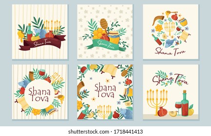 Rosh Hashana Jewish Holiday Greeting Cards with Attributes and Symbolic Food Vector Set