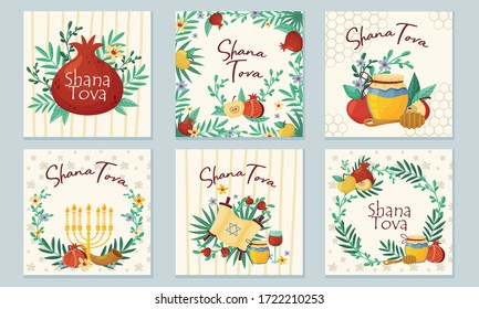 Rosh Hashana Jewish Holiday Greeting Cards with Attributes and Symbolic Food Vector Set