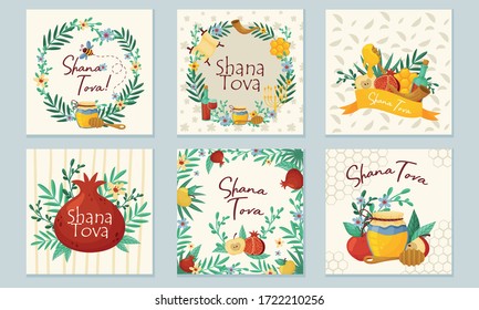 Rosh Hashana Jewish Holiday Greeting Cards with Attributes and Symbolic Food Vector Set