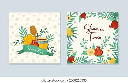 Rosh Hashana Jewish Holiday Greeting Card with Attributes and Symbolic Food Vector Set