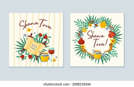 Rosh Hashana Jewish Holiday Greeting Card with Attributes and Symbolic Food Vector Set