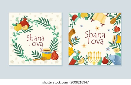 Rosh Hashana Jewish Holiday Greeting Card with Attributes and Symbolic Food Vector Set