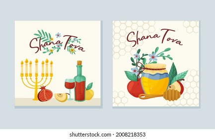 Rosh Hashana Jewish Holiday Greeting Card with Attributes and Symbolic Food Vector Set