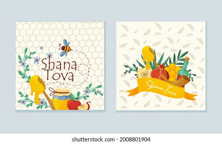 Rosh Hashana jüdische Holiday Grußkarte mit Attributen und symbolischem Food Vector Set