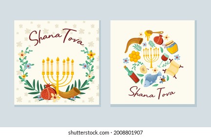 Rosh Hashana Jewish Holiday Greeting Card with Attributes and Symbolic Food Vector Set