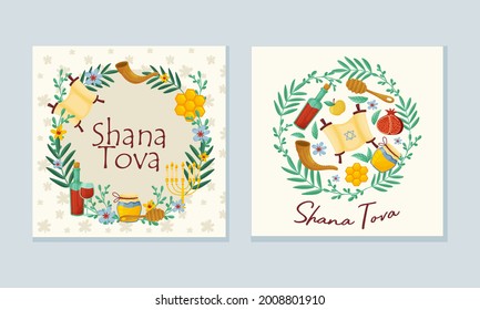 Rosh Hashana Jewish Holiday Greeting Card with Attributes and Symbolic Food Vector Set