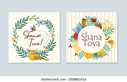 Rosh Hashana Jewish Holiday Greeting Card with Attributes and Symbolic Food Vector Set