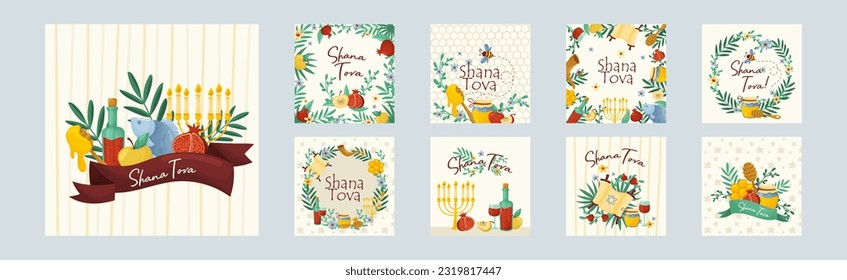 Rosh Hashana Jewish Holiday Greeting Card with Attributes and Symbolic Food Vector Set