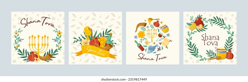 Rosh Hashana Jewish Holiday Greeting Card with Attributes and Symbolic Food Vector Set