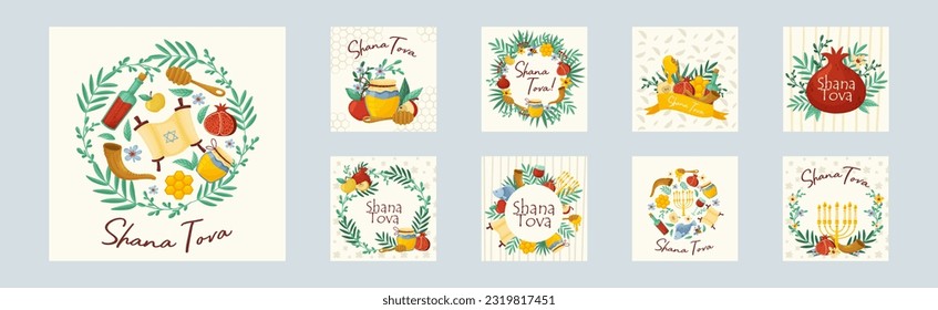 Rosh Hashana Jewish Holiday Greeting Card with Attributes and Symbolic Food Vector Set