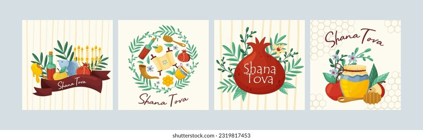 Rosh Hashana Jewish Holiday Greeting Card with Attributes and Symbolic Food Vector Set