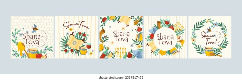 Rosh Hashana Jewish Holiday Greeting Card with Attributes and Symbolic Food Vector Set