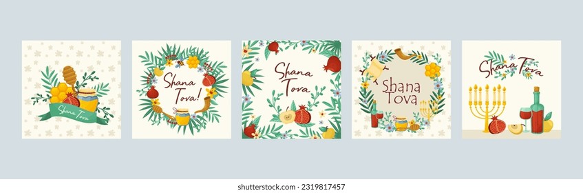 Rosh Hashana Jewish Holiday Greeting Card with Attributes and Symbolic Food Vector Set