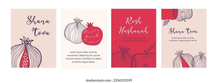 Rosh Hashana, Jewish holiday, greeting cards with traditional greeting. Translation from Hebrew - sweet and happy new year. Pomegranate, apple, Jewish horn and flowers. simple line vector illustration