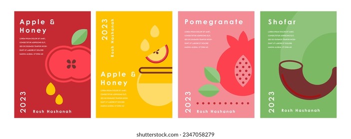 Rosh Hashana, Jewish holiday, greeting cards.  Apple, honey, pomegranate, Jewish horn and leaves, Jewish New Year symbols and icons. Vector illustration