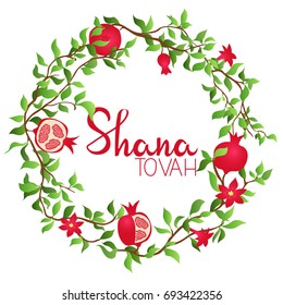  Rosh hashana Jewish holiday greeting card with Pomegranate frame. Jewish new year celebration design. Happy New Year in Israel