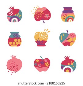 Rosh Hashana, Jewish holiday icons with abstract patterns. Apple, honey, pomegranate and flowers, New Year symbols and icon. Vector illustration