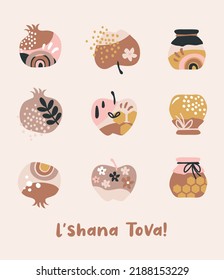 Rosh Hashana, Jewish holiday icons with abstract patterns. Apple, honey, pomegranate and flowers, New Year symbols and icon. Vector illustration