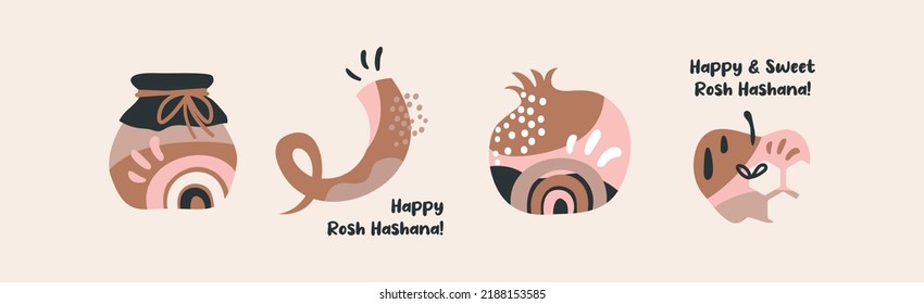 Rosh Hashana, Jewish Holiday Icons With Abstract Patterns. Apple, Honey, Pomegranate And Flowers, New Year Symbols And Icon. Vector Illustration