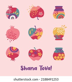 Rosh Hashana, Jewish Holiday Icons With Abstract Patterns. Apple, Honey, Pomegranate And Flowers, New Year Symbols And Icon. Vector Illustration