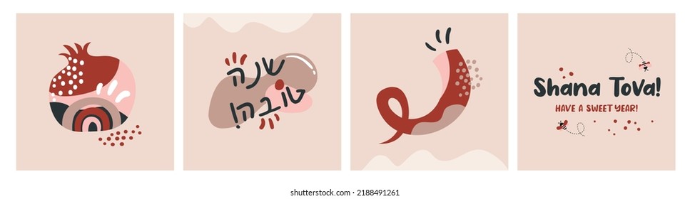 Rosh Hashana, Jewish Holiday Icons With Abstract Patterns. Apple, Honey, Pomegranate And Flowers, New Year Symbols And Icon. Vector Illustration