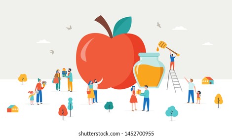 Rosh Hashana, Jewish Holiday, New Year Scene With An Apple, Tiny Varios People, Men, Kids And Women Giving Gifts, Holding Flower, Eating Apples With Honey. Flat Cartoon Vector Illustration For Jewish