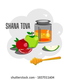 Rosh Hashana, Jewish holiday.
 Jewish New Year symbols. Translation from Hebrew -  Happy New Year