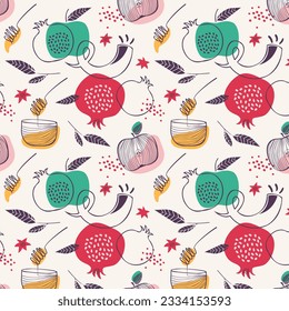 Rosh Hashana, Jewish holiday, pattern with traditional greeting in Hebrew. Translation - sweet and happy new year. Pomegranate, apple, Jewish horn and flowers. simple line vector illustration