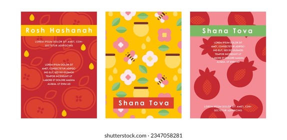 Rosh Hashana, Jewish holiday, pattern with traditional greeting in Hebrew. Translation - sweet and happy new year. Pomegranate, apple, Jewish horn and flowers. simple line vector illustration